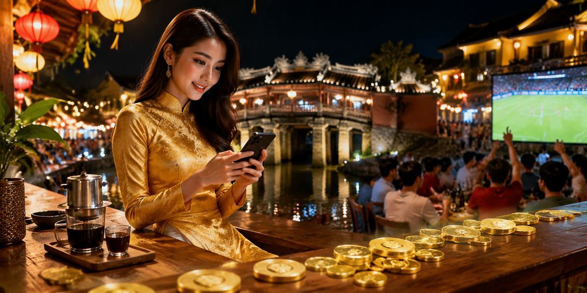 Người dùng tại Hội An trải nghiệm casino di động với trang phục áo dài truyền thống Việt Nam